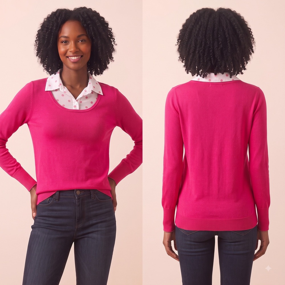 Kim Rogers Petite Bright Pink Crewneck Sweater Faux Polka Dot Collar Top PL
